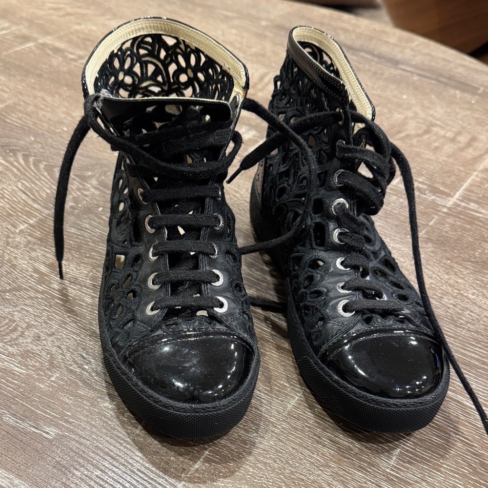 CHANEL Black Lace-Up Sneakers with Cut-Out Design - Picture 1 of 1
